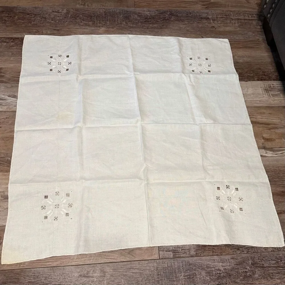 Vintage Linen Tablecloth Embroidered Design Square 35 x 35 Off White Cream